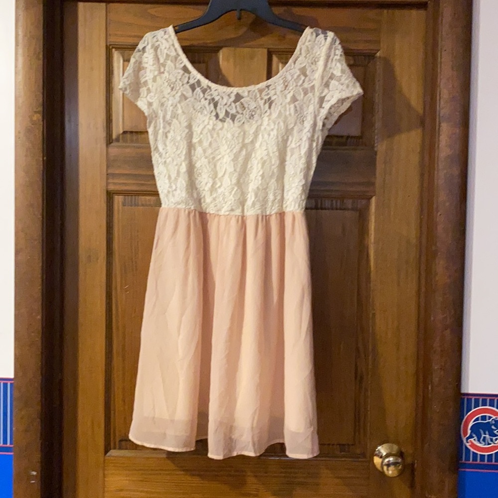 white lace with pink skirt dress